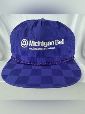 Vintage Michigan Bell Hat One Size Fits Most Workwear AT&T 1980s Purple Checkers